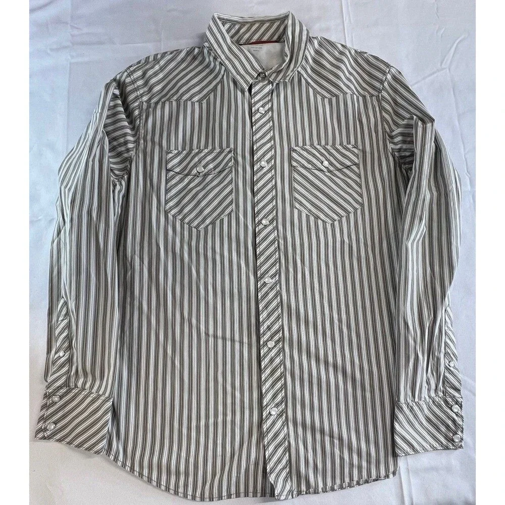 Banana Republic Mens Slim Fit Brown White StripedLong Sleeve Snap Shirt Size L